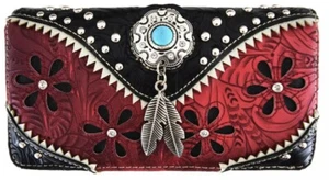 Red Western Tooled Wallet Turquoise Concho Feather Crossbody Or Wristlet Trifold - Picture 1 of 5
