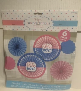 Amscan Gender Reveal 6pc Paper Fan Decorations - Picture 1 of 2