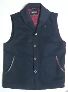 Orvis Navy Wool Hyde Park Knit Collar Vest Waistcoat Gilet Leather Trim Outdoors - Picture 1 of 9