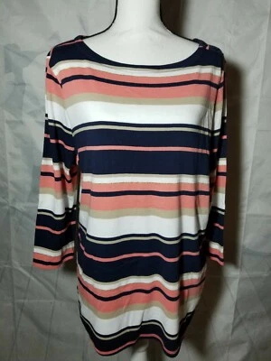 Charter club Womens Boat Neck Stretch Knit Top blue pink and  brown Stripe Tee - Image 1 of 4