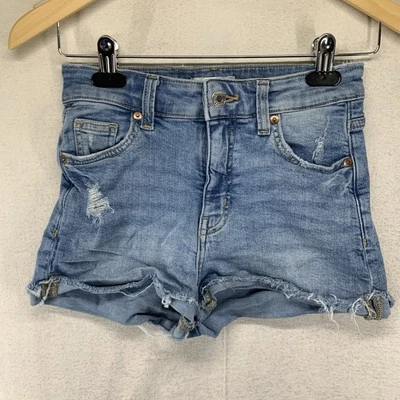 Pantalones Cortos de Denim H&M Corte Para Mujer Talla 2 Azul Tiro Alto 5 Bolsillos Dobladillo Crudo Bigote Foto 1 de 4