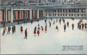Postal de la ciudad de Nueva York de la década de 1940 "ISLANDIA PISTA DE PATINAJE" 8th Ave. y 50th St. / Lino - Imagen 1 de 2
