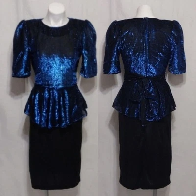 Vestido De Colección Diamond’s Run Años 80 Metálico Azul Transparente Negro Peplum Cóctel Fiesta 9/10 Foto 1 de 4