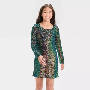 Girls' Long Sleeve Sequin A-Line Dress - art class - Picture 1 of 5