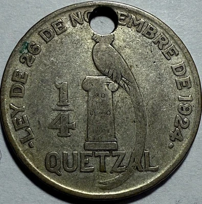 GUATEMALA - "Holey" Silver 1/4 Quetzal - 1926(L) - Km-243.1 - FREE USA S&H! - Image 1 of 2