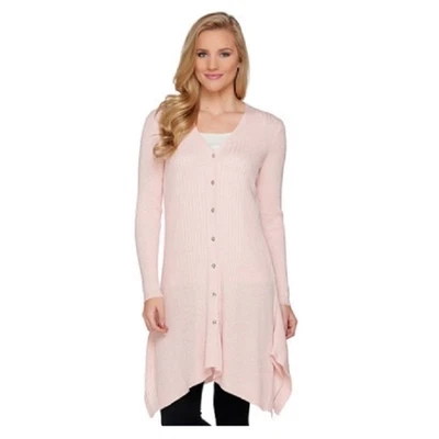 H by Halston Ribbed Long Cardigan, Hanker Chief Hem, Light Pink, Size XL - Image 1 of 4