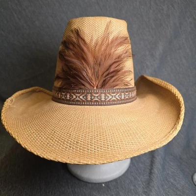 KOKO KOOLER Woven Straw Cowboy Western Ranch Hat Size 7 1/8 Vintage Feather - Image 1 of 4
