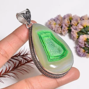 Grün Botswana Achat Druzy Edelstein Handmade 925 Silber Anhänger 2.7 " 28.3 GM - Bild 1 von 6