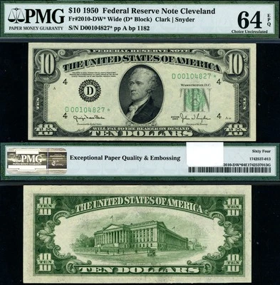 FR. 2010 DW* $10 1950 Federal Reserve Note Cleveland Wide D-* Block Choice PMG C - Image 1 of 3