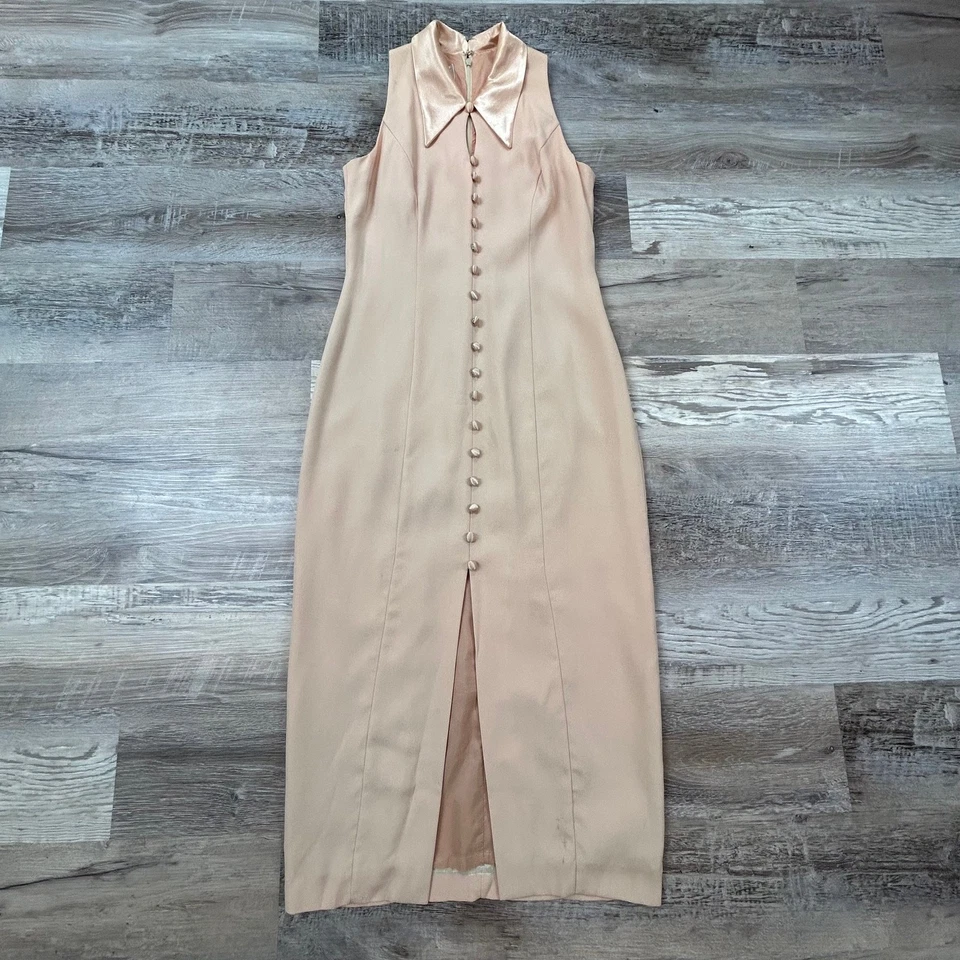 Donna Ricco Midi Dress Peach Satin Collar Sleeveless Vintage Glam 90s Made USA - Image 1 of 4