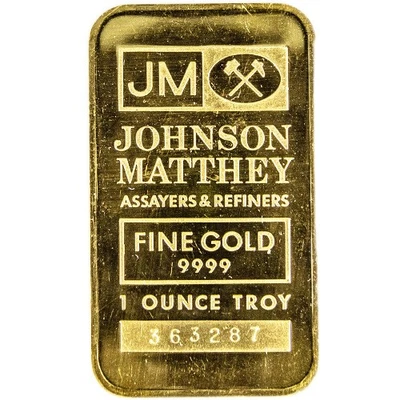 Barra de oro Johnson Matthey de 1 oz (diseño variado, estado variado) Foto 1 de 2