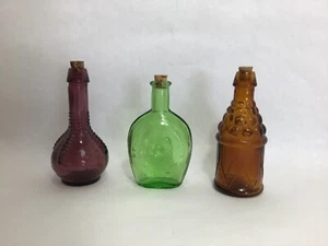Mini Colored Glass Bottles W/ Corks 3” Purple Green Amber Tawain - Picture 1 of 7