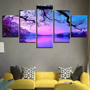 Purple Sunset Flower Trees Lake Canvas Prints Painting Wall Art Home Decor 5PCS - Picture 1 of 4