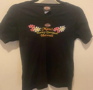 Motorcycle Harley Davidson Shirt W Small Shield Flower Lei Short Sleeve Hawaii - Picture 1 of 7