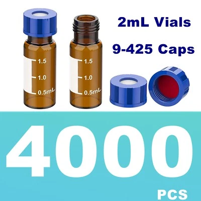 4000pcs HPLC Autosampler Amber 2mL Glass Vials 9mm Screw Caps Lab Smple Bottles - Image 1 of 4