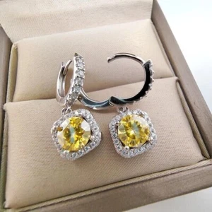 3.10Ct Round Cut Natural Citrine 14K White Gold Plated 925 Drop Dangle Earrings - Picture 1 of 6