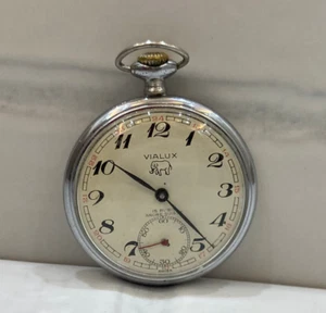 Antique Vialux Pocket Watch 42mm Rare Small Size 15 Jewels Swiss Made 1930's - Picture 1 of 24