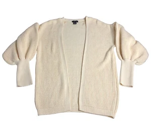Poof New York Cardigan Women M Cream Open Front Knit Puff Sleeve Acrylic Sweater - Picture 1 of 9