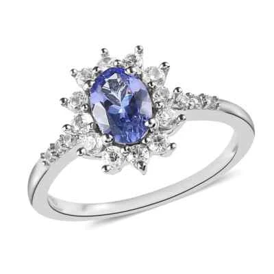 Hermoso anillo chapado en platino con rayos de sol de tanzanita y circón de 1,00 ctw talla 7 Foto 1 de 4