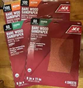 ACE Bare Wood Sandpaper Grit 60, 100 - 9" x 11 "- Lot of 4 - 18 Sheets Total NEW - Picture 1 of 5