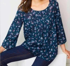 J. Jill Size Medium Lightweight Cotton Teal Pintuck Floral Blouse New w/ Tag  - Picture 1 of 10