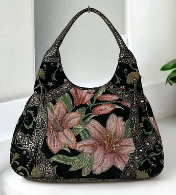 NWT Vtg Floral Tapestry Studded Beaded Croc Embossed Shoulder Hobo Bag Boho LG - Image 1 of 4