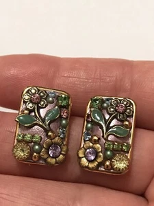 Vintage Michal Golan Gold Tone Enamel Multi Color earrings - Picture 1 of 9