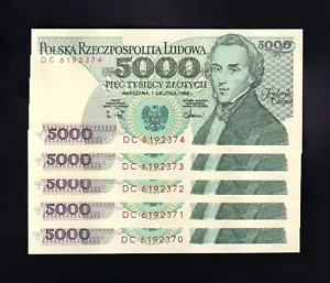 F.C. POLONIA POLAND , LOTE 5 UNIDADES DE 5000 ZLOTIS 1988 , S/C- (AUNC) , P.150c - Imagen 1 de 2