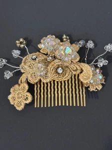 Peine de pelo de boda vintage material cristales flores doradas tallos de cristal hecho a mano - Imagen 1 de 5