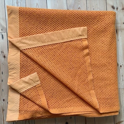 Vintage Large Blanket Orange Satin Trimmed Waffle Weave Throw 98" x 98" - Image 1 of 4
