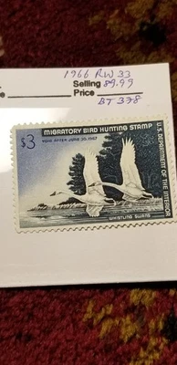 USA 1966 $3 Duck Migratory Bird Hunting Stamp Scott#RW33 Rare Find IDbt314. - Image 1 of 3