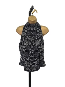 Vintage Papell Boutique Damen Medium schwarz Seide Perlen Abend ärmellos Fehler elegant - Bild 1 von 6