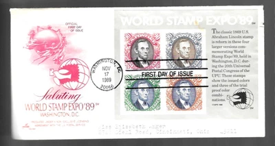 1989 World Stamp Expo Scott 2433 souvenir sheet FDC; red Art Craft cachet - Image 1 of 2