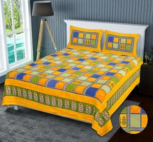King Size Bed Sheet With 2 Pillow Cover Yellow & Blue Designer Box Printed - Picture 1 of 4