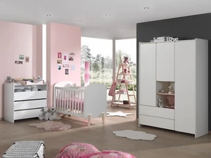 Set Babyzimmer Babybett Kommode Wickelaufsatz Kleiderschrank 60x120 Regal Weiss - Bild 1 von 15