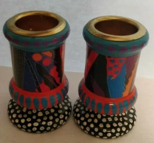Hand Painted Wooden Candlestick Holder by Gina Rosencrantz Design - Set of 2! - Picture 1 of 4
