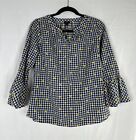 Talbots Top Womens Petite Size PS Blue White Plaid Floral Long Bell Sleeve