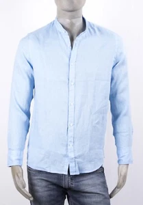 BUGER CAMICIA BIANCA E CELESTE IN LINO 100% COLLO COREANA M-LUNGA REGULAR FIT - Foto 1 di 10