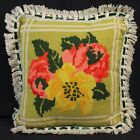 Vtg Completed Embroidery Pillow Needlepoint Floral 1960s 70s Retro MCM Zip Perky