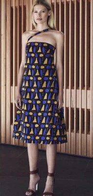 Scanlan Theodore Congo Blue Mustard Ran Brown Abstract Dress Cotton Size 10 - Image 1 of 4