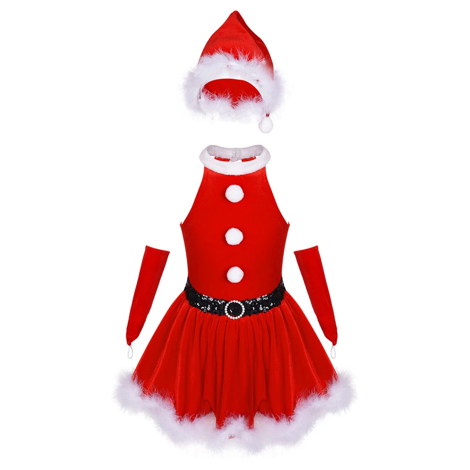 Дети девочек с бретелью через шею шеи Санта-Клаус платье со шляпой перчатки костюм Рождественский купальник - Изображение 1 из 1