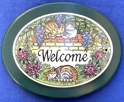 Letrero de bienvenida vintage SBCD ✅ cerámica para gatos placa de madera verde hogar jardín puerta de porche Foto 1 de 4
