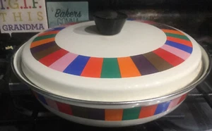 Vintage Retro 1970's Mod Circle Of colors Enamel 11” Skillet CasseroLe with Lid - Picture 1 of 7