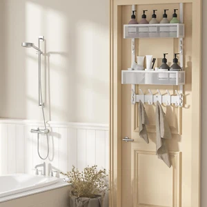Adjustable Over The Door Hooks Organizer Storage with 10 Coat Hooks & 2 Basket - Picture 1 of 8