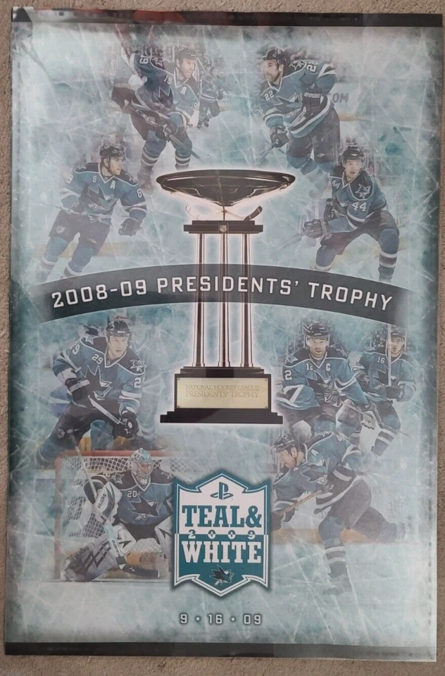 San Jose Sharks 2008-09 Season Team Teal & White Presidents Trophy Poster 24x36" - Image 1 of 1