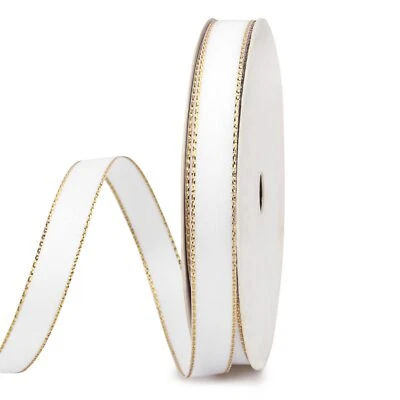 3/8" x 50 Yards White Double Faced Satin Ribbon Gold Edge Gift Wrapping Bows - Image 1 of 4