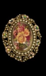 Michael Negrin Vintage Rose Floral Jeweled Pearl Gold Toned Brooch - Picture 1 of 6