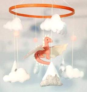 Dragon Baby Mobile Cloud Felt Crib Nursery for Girl Baby Shower Gift Handmade - Picture 1 of 12