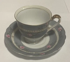 Ucagco Small Tea Cup & Saucer-Blue/Gray with Pink Rose&Gold Trim Occupied Japan - Picture 1 of 11