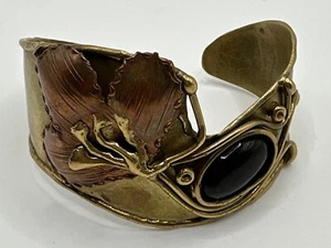 Brazalete boho brutalista vintage de latón cobre mezclado metal ónix hecho a mano - Imagen 1 de 11